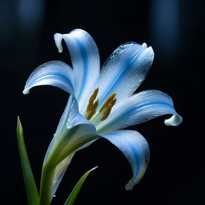 Blue and white flower in dark setting