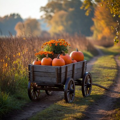 Pumpkin cart on a dirt path