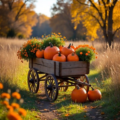 Pumpkin cart in autumn field