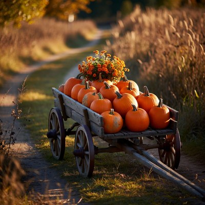 Pumpkins on cart in autumn field