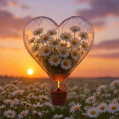 Heart-shaped hot air balloon at sunset