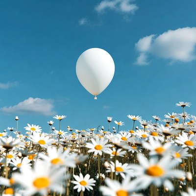 White balloon above flower field