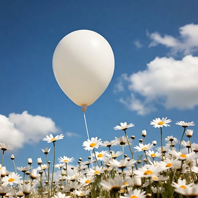 White balloon above flowers in field