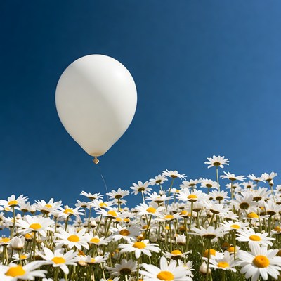 White balloon above flower field