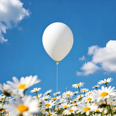 White balloon over daisy field