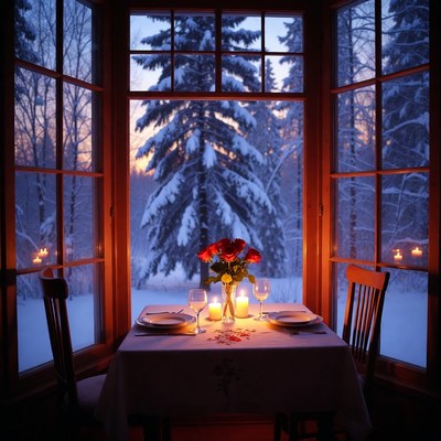 Dinner setup by the window at dusk