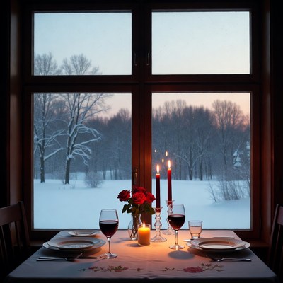 Winter dinner setting with snow view