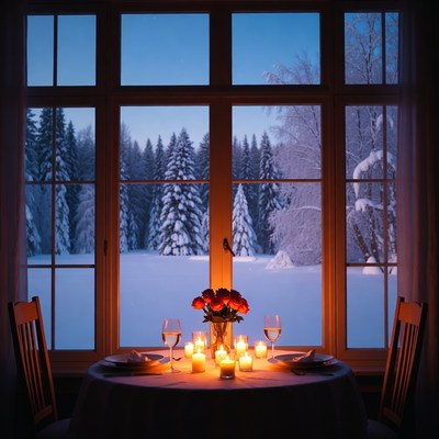 Evening dinner with snowy view