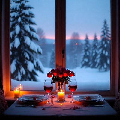 Dinner table by snowy window at dusk
