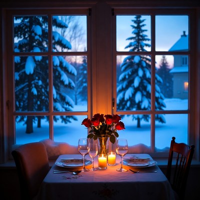 Winter dinner setup by the window