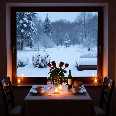 Winter dinner by candlelight in snow