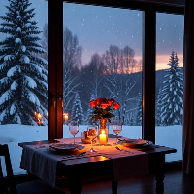Dinner setting with winter view at sunset