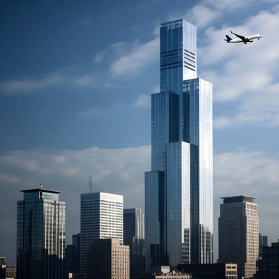Skyline with plane above city