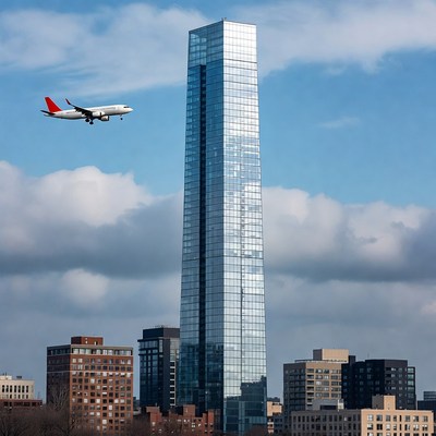 Plane approaches tall building in city