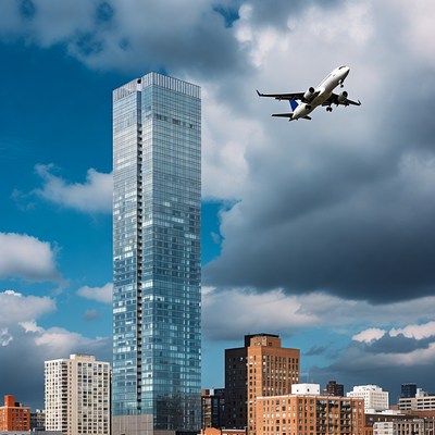 City skyline with plane overhead