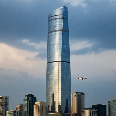 City skyline with tall building and airplane