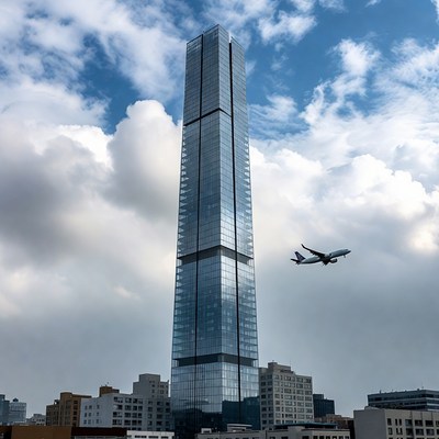 Tall building with plane flying nearby