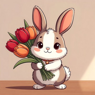 Cute rabbit holding flowers