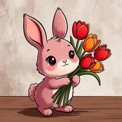 Cute bunny holding colorful flowers