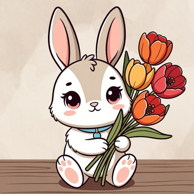 Cute bunny holds flowers in spring