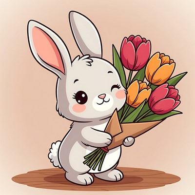 Cute bunny holding flower bouquet