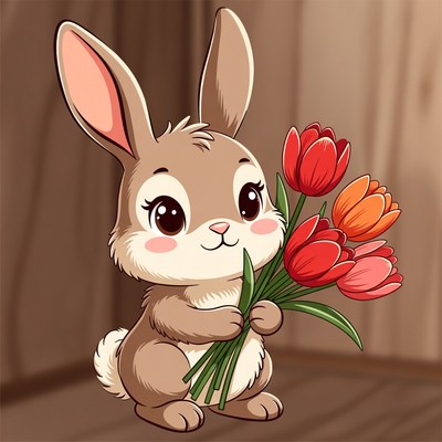 Cute bunny holds flowers in hand