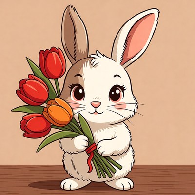 Rabbit holding flowers in spring