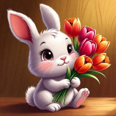 Cute bunny holding tulips in a cozy setting