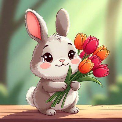 Bunny holding flowers in springtime