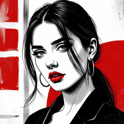 Woman with red lips in black and white art