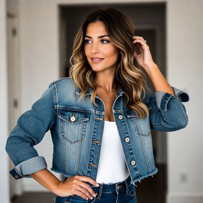 Model poses in denim jacket