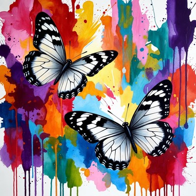 Butterflies flying over colorful paint splashes