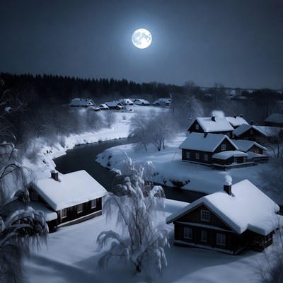 Winter scene under full moonlight