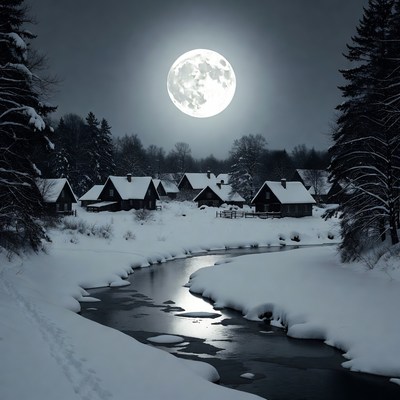 Snowy night by the river
