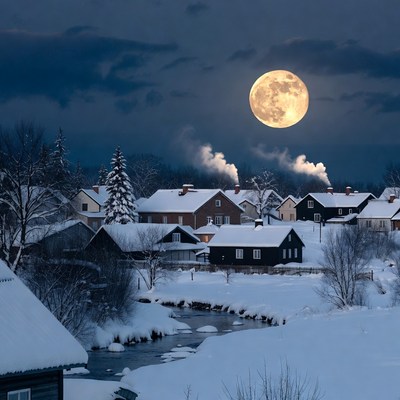 Snowy village under a full moon