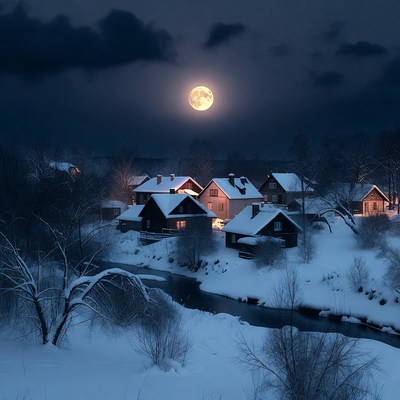 Snowy night with full moon over village