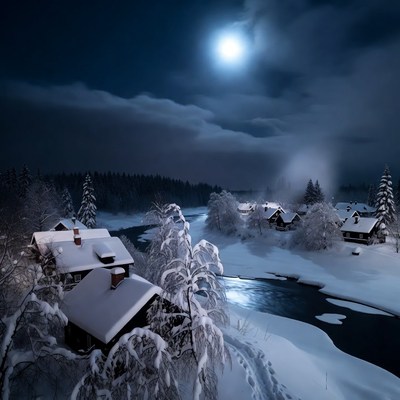 Winter night with snow-covered village