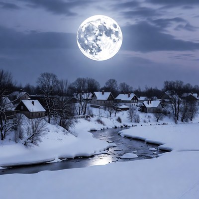 Full moon over snowy village landscape