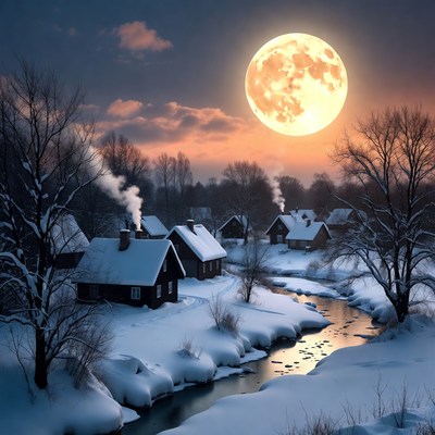 Winter night with moonlit village scene