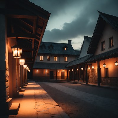 Evening at historic courtyard with lanterns