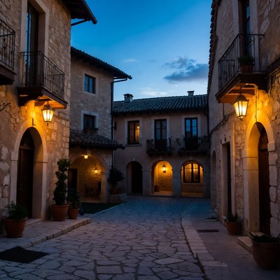 Evening lights in a stone village square