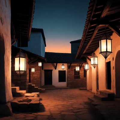 Lanterns light up quiet courtyard at dusk