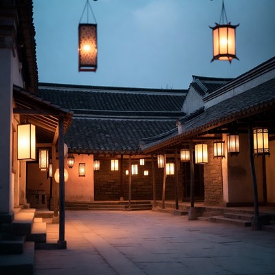 Lanterns decorate courtyard at dusk