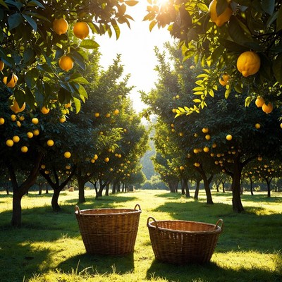 Lemon orchard at sunset with baskets