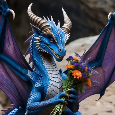 Blue dragon holds flowers in a rocky setting