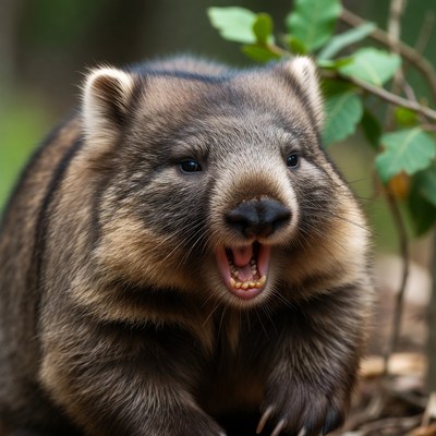 Wombat in natural habitat displaying teeth