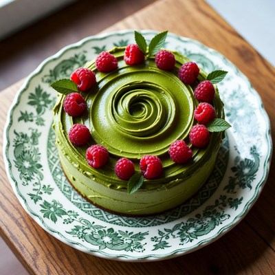 Green cake with raspberries and leaves