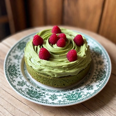 Green cake with raspberries on plate