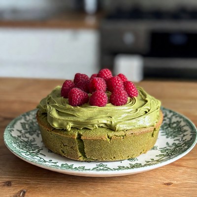 Dessert with raspberries and matcha