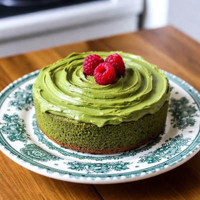 Matcha cake with fresh raspberries on plate